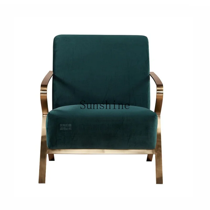 Nordic simple stainless steel light luxury casual fabric velvet dark green sofa chair