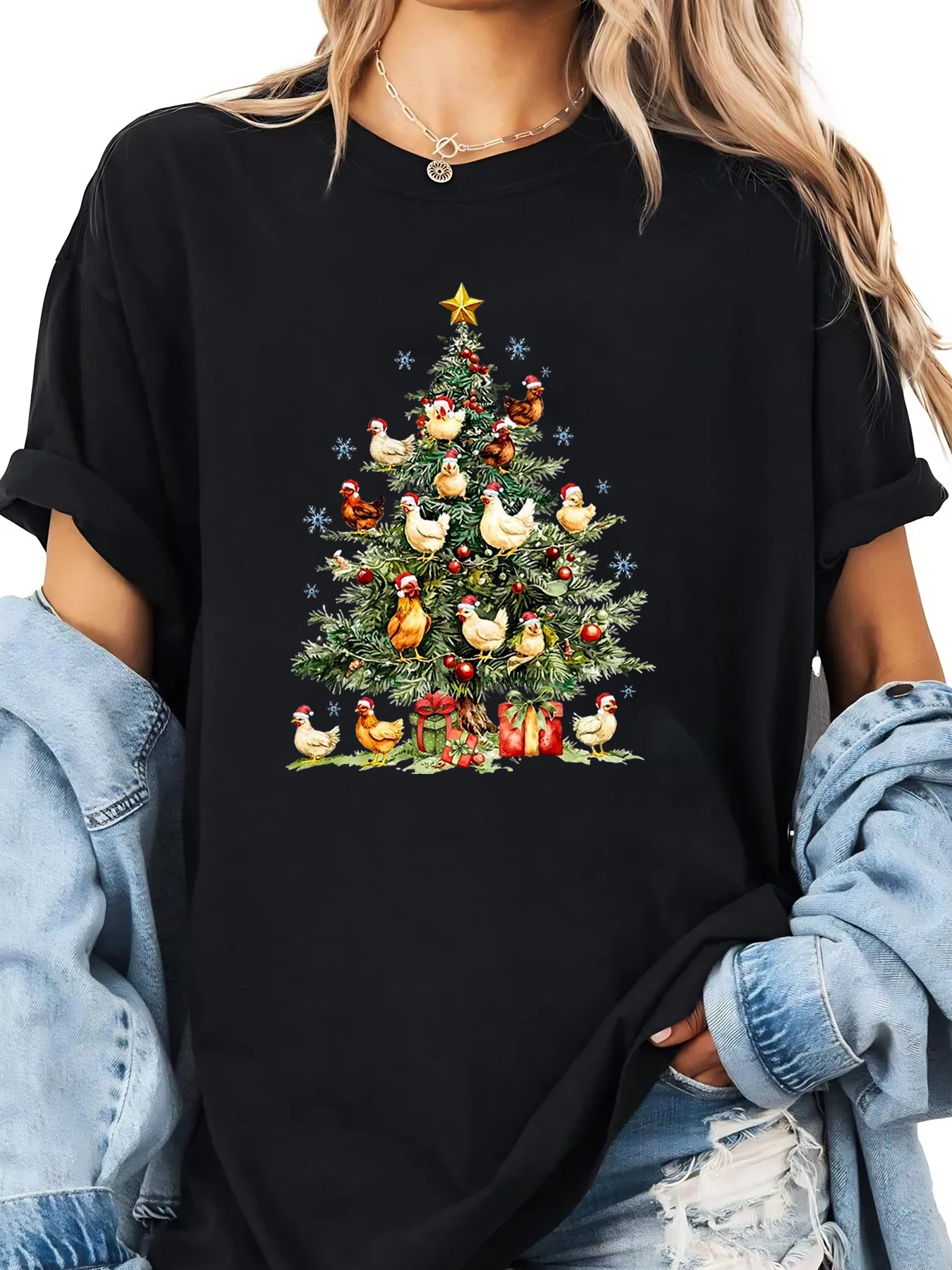 

Chicken Christmas Tree Print Holiday T-Shirt Women Casual Party Wear Black Plus-size
