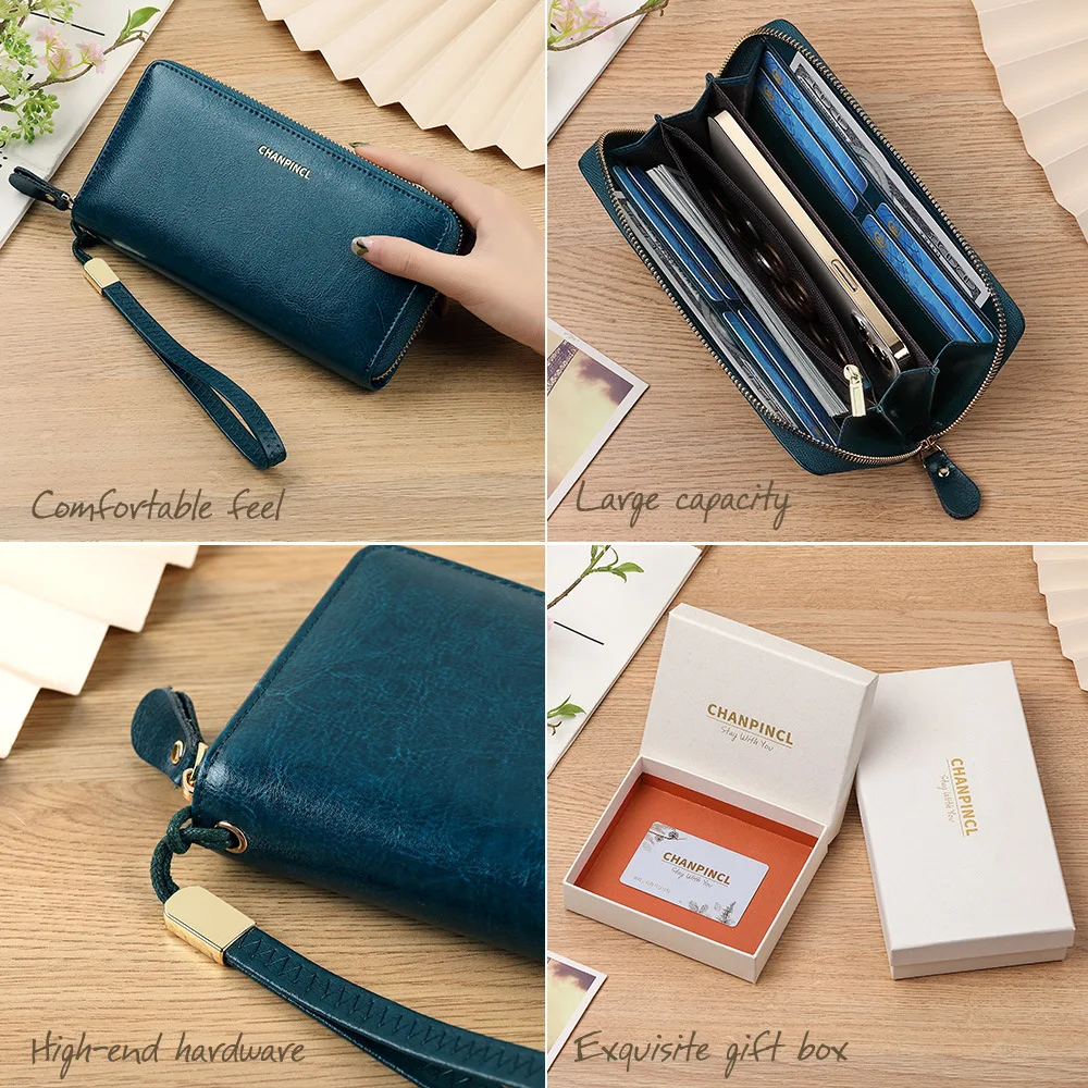 【Genuine Cow Leather】CHANPINCL Women's Long Wallet Luxury Coin Pocket Zipper Multi-Functional New Fashion Purse Youth Retro