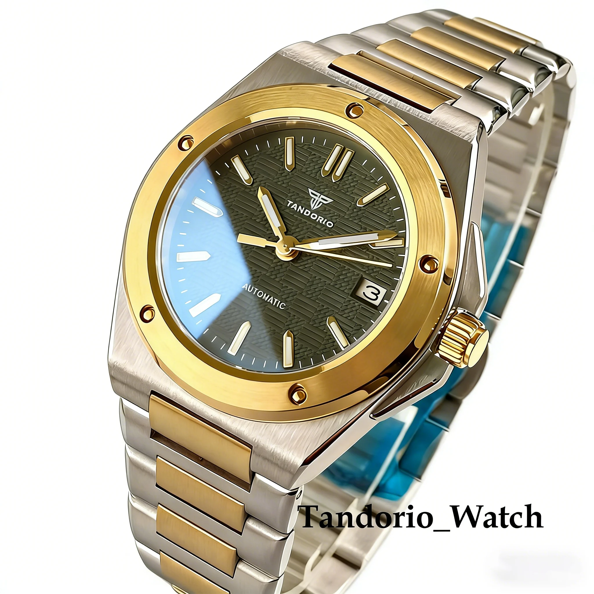 

Мужские механические часы Tandorio Two Tone Gold с сапфировым стеклом, водонепроницаемые до 100 м, автоматические, стальные часы NH35A для мужчин, светящиеся