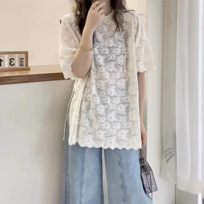 

Summer High-End Lace T-Shirt Loose Slimming Hollow Lace Temperament Short Sleeved Women's Base Shirt Top Trendy
