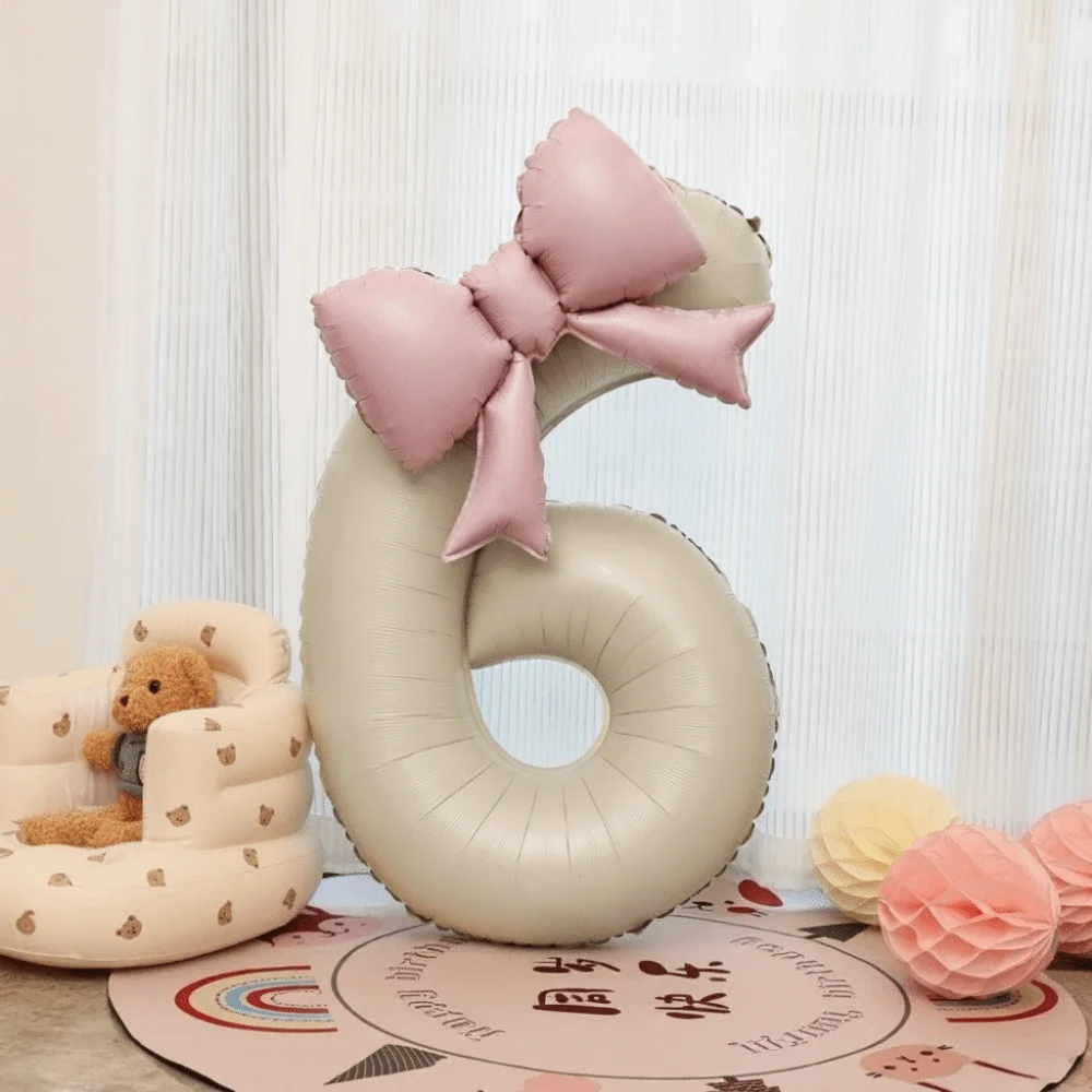 40 Inch Number 0-9 Balloon with Light Pink Bow New Year Decorations Aluminum Foil Balloons Cream White Birthday Party Balloons