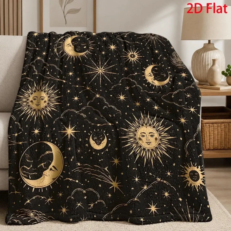 Vintage Golden Sun Moon Star Cloud Flannel Throw Blanket,Mystical Celestial Constellation Art Soft Plush Blanket