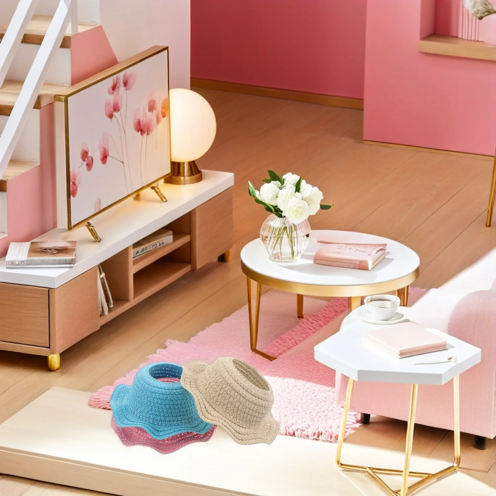 3 قطع قبعات كروشيه مصنوعة يدويًا من القش قبعات صغيرة للحماية من الشمس خفيفة الوزن مناسبة لملحقات فستان 17 سم مفتوحة من الأعلى #5