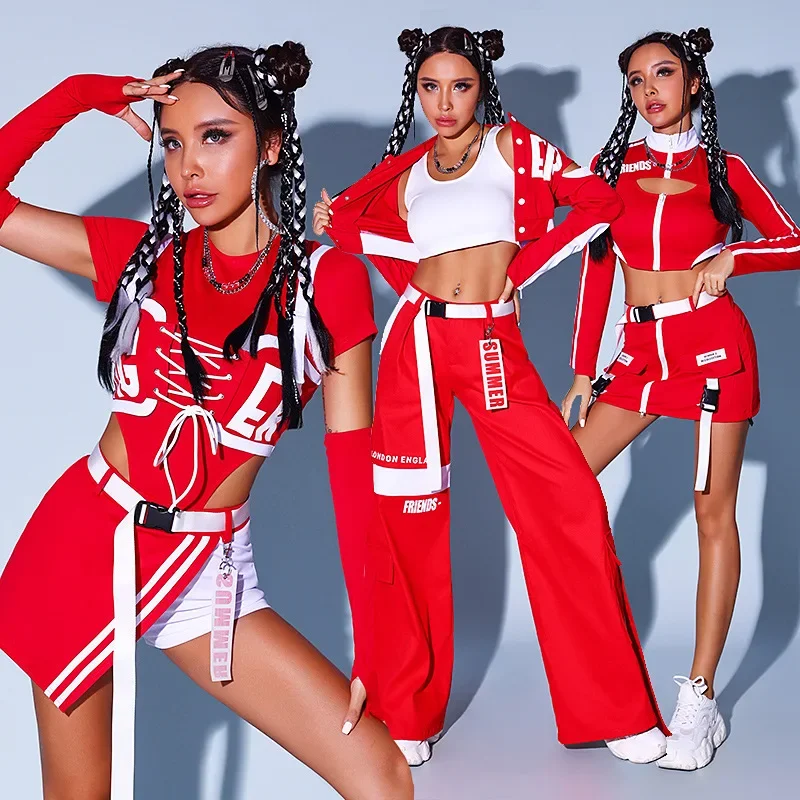 

Red Hip Hop Suit Jazz Kpop Performance Clothing Stage Costume Women Korean Girl Group Cheerleader Uniform Crop Top Skirt Set