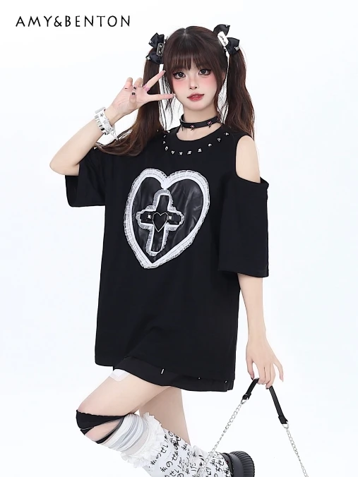 

Harajuku Goth Rivet Off-Shoulder Love Lace Oversized T Shirt Subculture Loose Short Sleeve Gothic Tops Graphic T Shirts Y2k Top