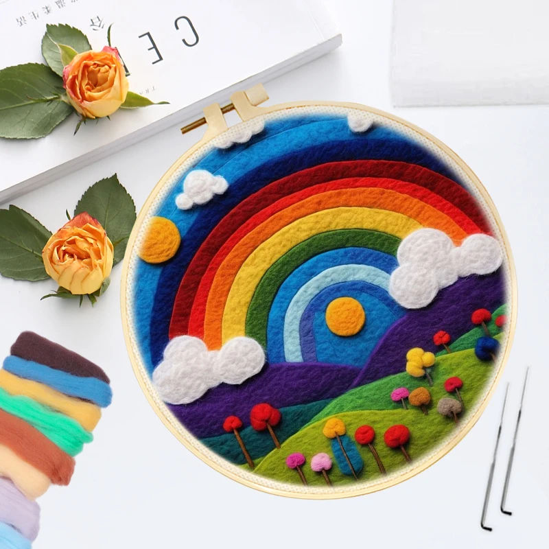 CHENISTORY Wool Felting Painting Kit With Frame Sunset Lake Rainbow Diy Felt Package For Mom Friend Gift Home Decoration