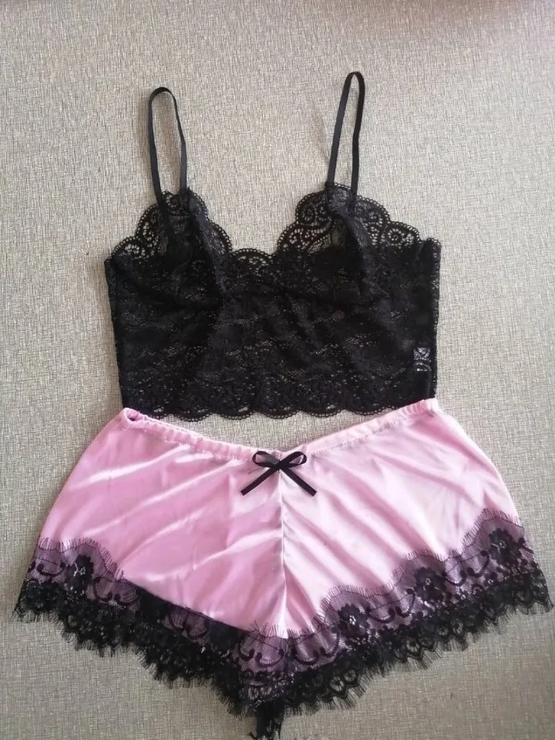 Ensemble pyjama 2 pièces Sexy en dentelle pour femmes, Bralette transparente, haut et short, vêtements de nuit respirants, grande taille, Lingerie d'été