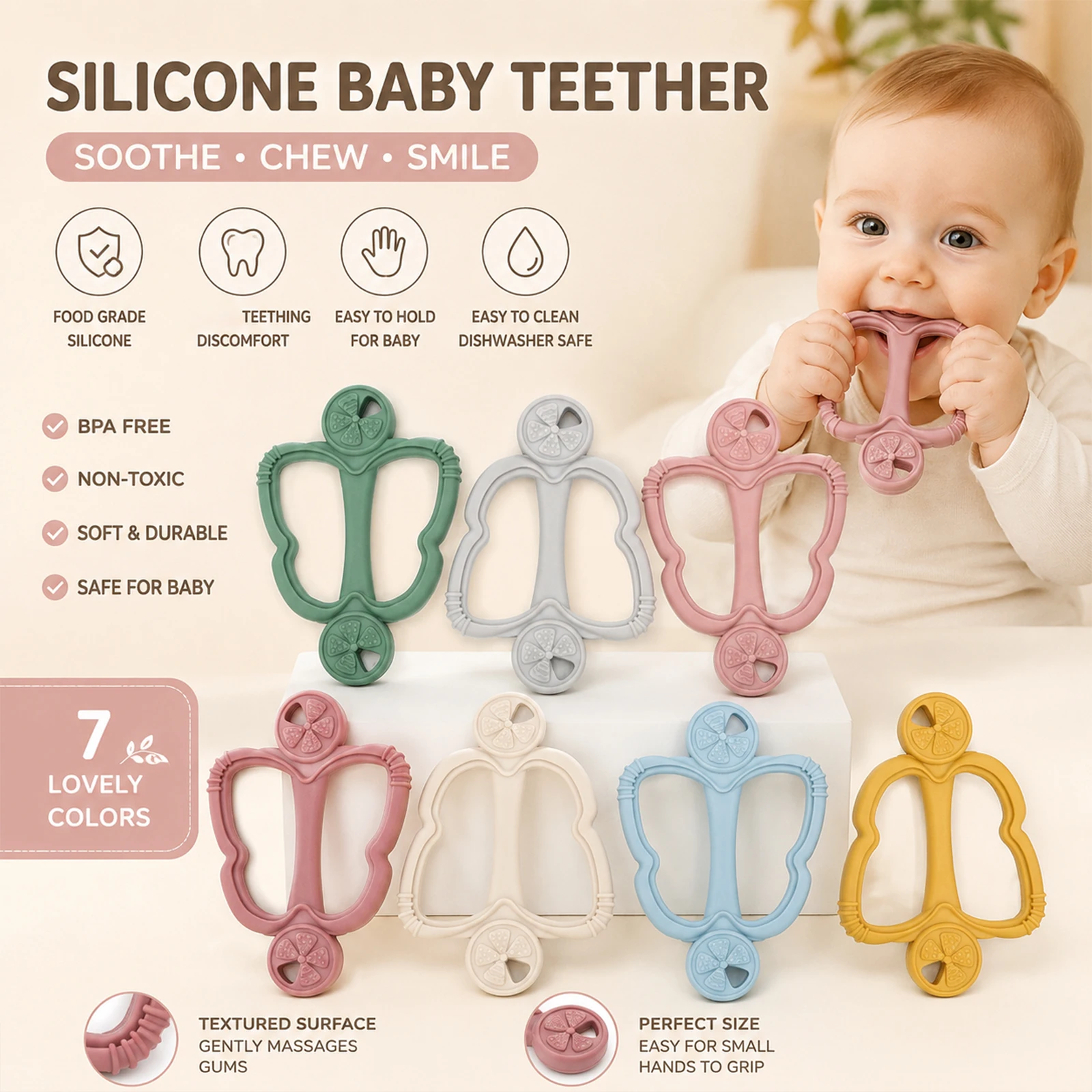 One-piece silicone teether with handle, fruit teether, silicone baby teething toy, an essential item for babies during teething.