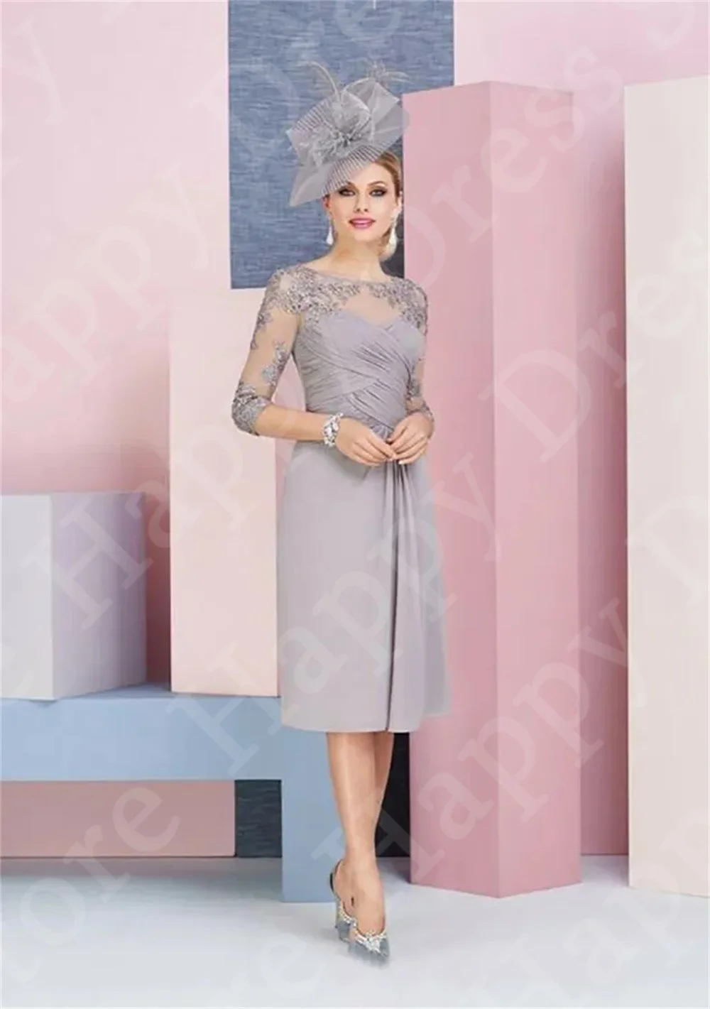 Elegante Robe de Soirée O-Ausschnitt lange Ärmel knielangen Chiffon Mutter der Braut Kleid mit Cape Spitze Applikationen Abendkleid