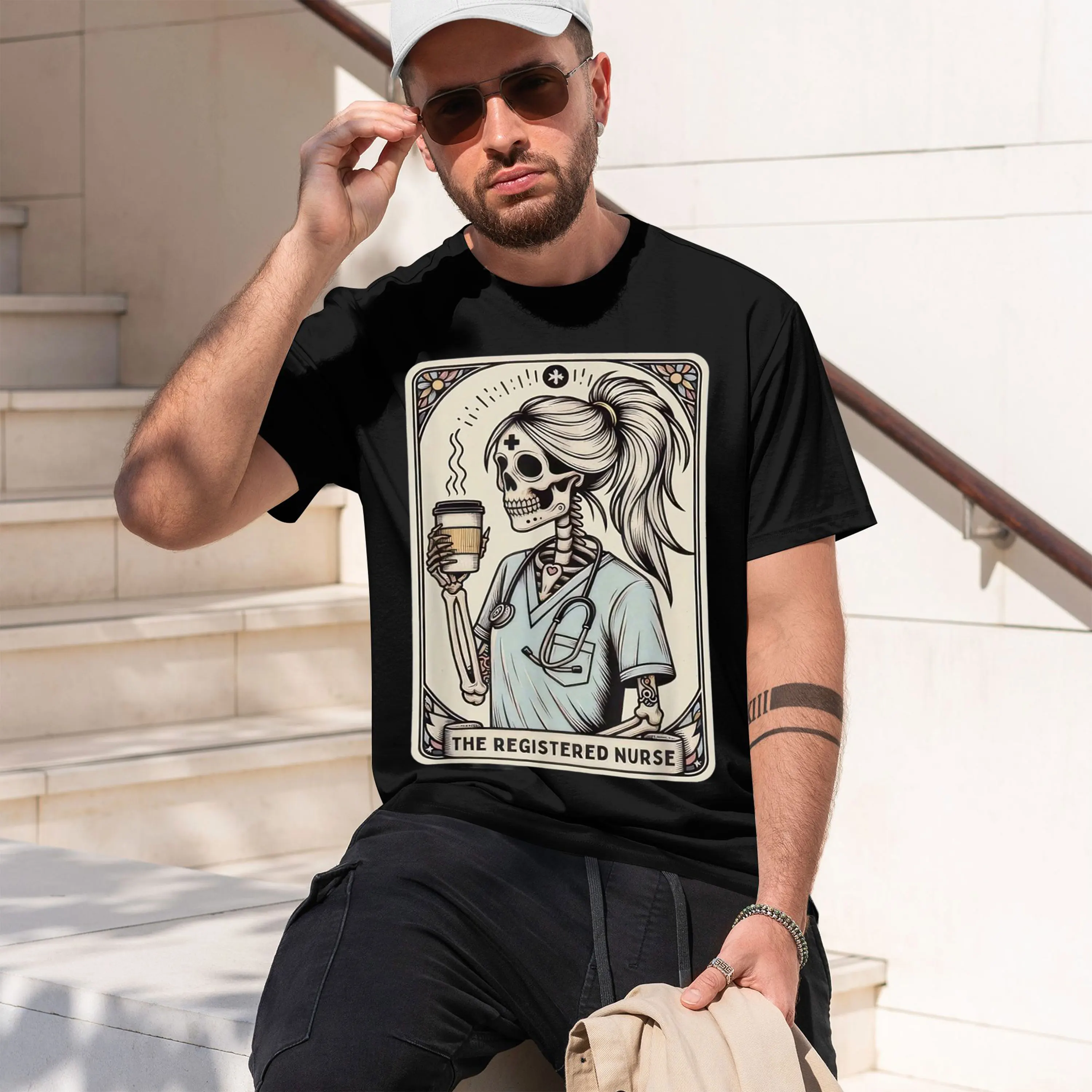 Skeleton Nurse Style Men's T-Shirt Coffee And Stethoscope Design For Casual Wear Autumn Winter Gift For Nurses And Medal Enthusi