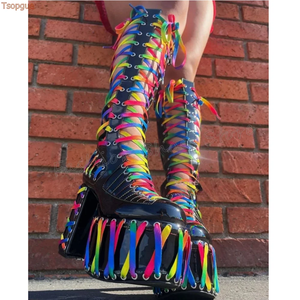 

Black Rainbow Shoelaces Platform Boots Lace up Chunky High Heels High Heel Shoes for Women Heels 2025 New Zapatos Para Mujere