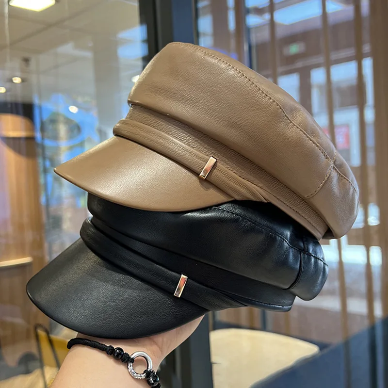 

Retro Fashion Women's Pu Leather Octagonal Hat Versatile Autumn And Winter Temperament Big Head Circumference Beret
