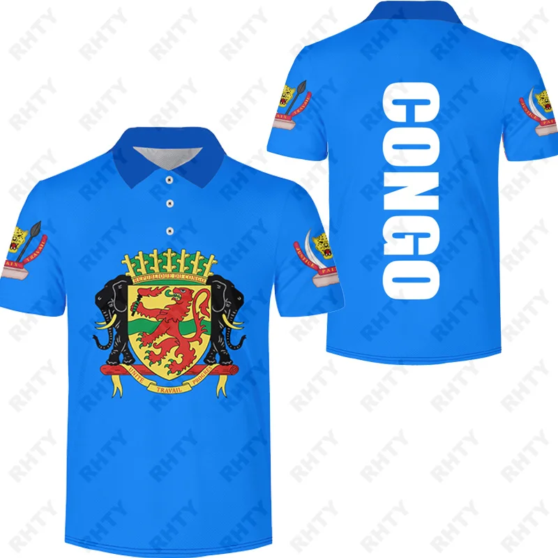 Congo Active Flag Fashion Men\'s Clothing Polo Shirt Casual Turn-Down Collar Zipper 3D Print Short Sleeve Tee Shirt Men Polo Tops