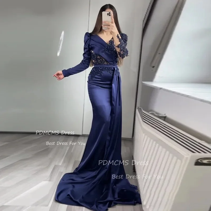 Elegant Navy Blue Mermaid Prom Dresses Long Sleeves Formal Party Dress Appliques Lace Satin Dubai Arabic Mermaid Evening Gowns