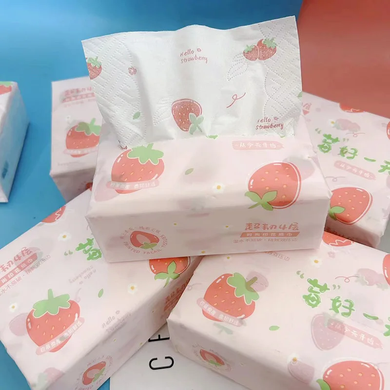 300 Sheet/Pack Household Tissue 4 Layers Disposable Facial Paper Original Wood Pulp Paper Strawberry Printed Toilet Paper Colo