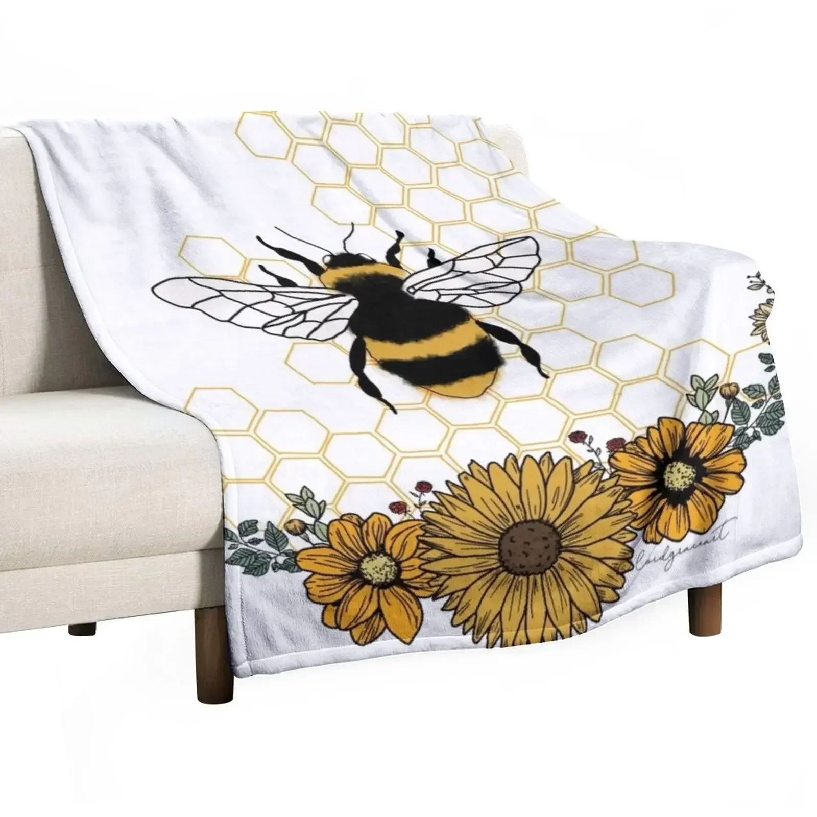 Sunflower Bee- Honey Comb Yellow Throw Blanket Winter beds Quilt Blankets