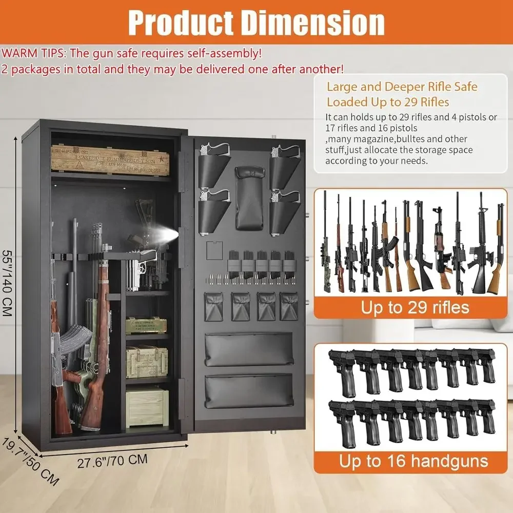 30-40 Capacity Gun Safe with Removable Shelves Silent Operation LED Lighting Keyed 180° Door Organizer for Home Security