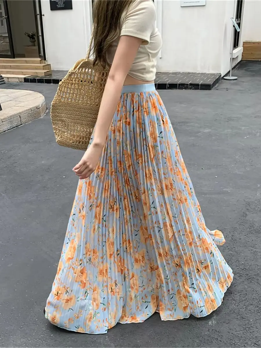 Elegant Floral Printed Chiffon Long Skirt for Women High Waist A-line Swing Pleated Summer Vacation Style