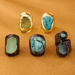 YEEVAA Boho-Chic Adjustable Ring with Natural Turquoise&Lemon Crystal - Vintage Style, Perfect for Casual Attire or Parties
