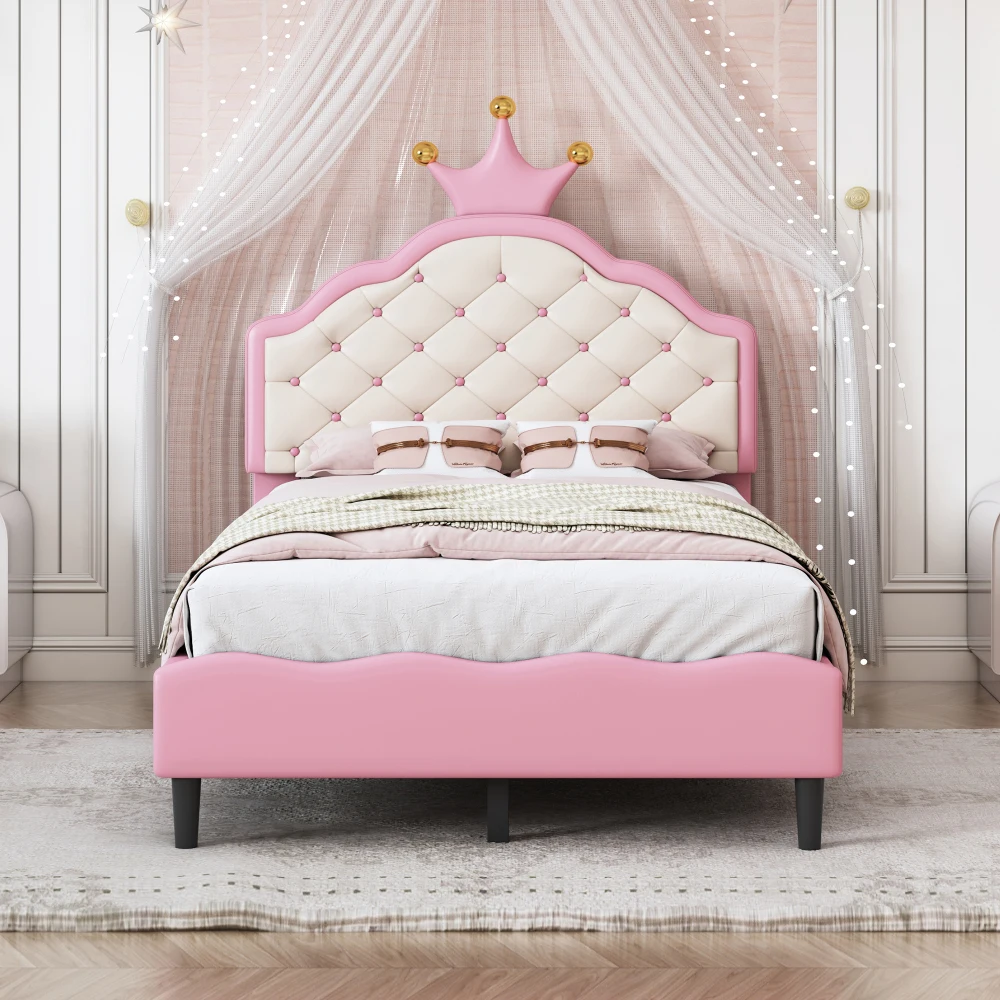 Twin Size  Lovely Crown Fantasy PU Leather Princess Bed with Tufted Headboard, Pink+Cream Bed Frame