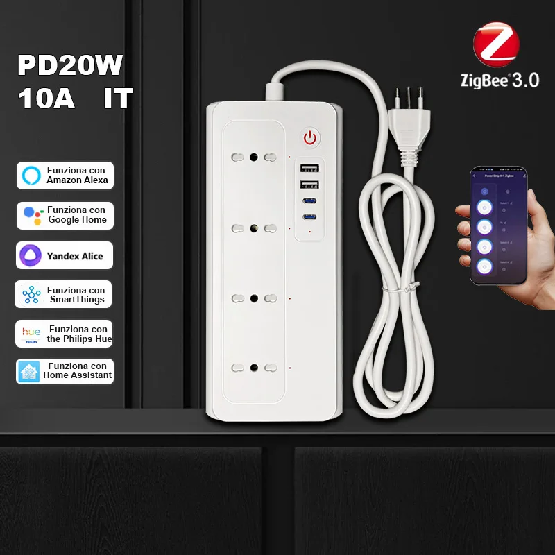 

YuHome Zigbee 3.0 Smart Power Strip Защита от перенапряжения Розетка для тела 2 Te Зарядка Type-C PD20W 2 USB-A Индивидуальные переключатели Концентратор не требуется Совместимость с Alexa/Google/Samsung/Philips