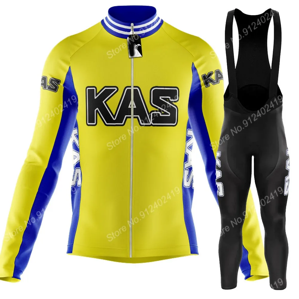 KAS Team 2023 Cycling Jersey Set Mens Summer Long Sleeve Bicycle Clothing Road Bike Pants Bib Suit MTB Maillot Culotte