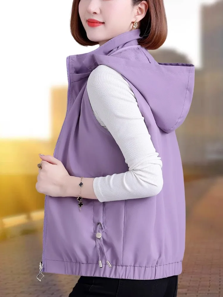 

Новая весенняя тонкая фиолетовая жилетка для женщин: модная укороченная верхняя одежда из полиэстера для повседневной носки, на молнии