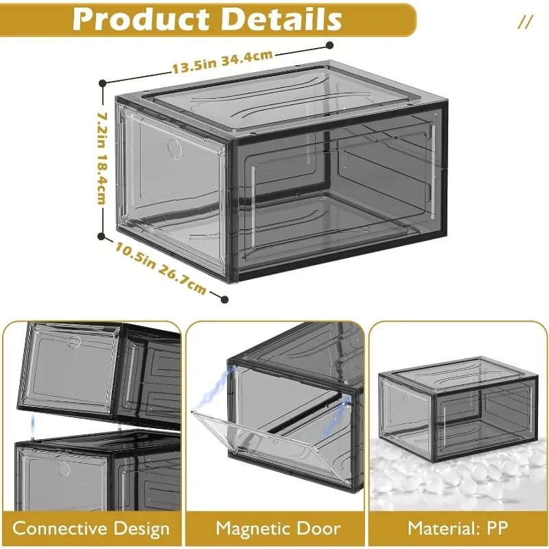 Thicken & Sturdy Clear Shoe Storage Box with Magnetic Door, Stackable Shoe Storage Organizer for Closet, Foldable Shoe Rack