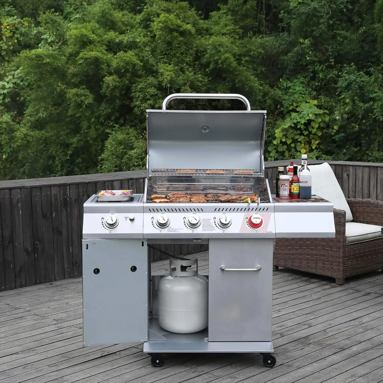 Burner Propane Gas Grill with Side Burner & Warming Rack, Stainless Steel Gas Grill with 54,000 BTUs Output