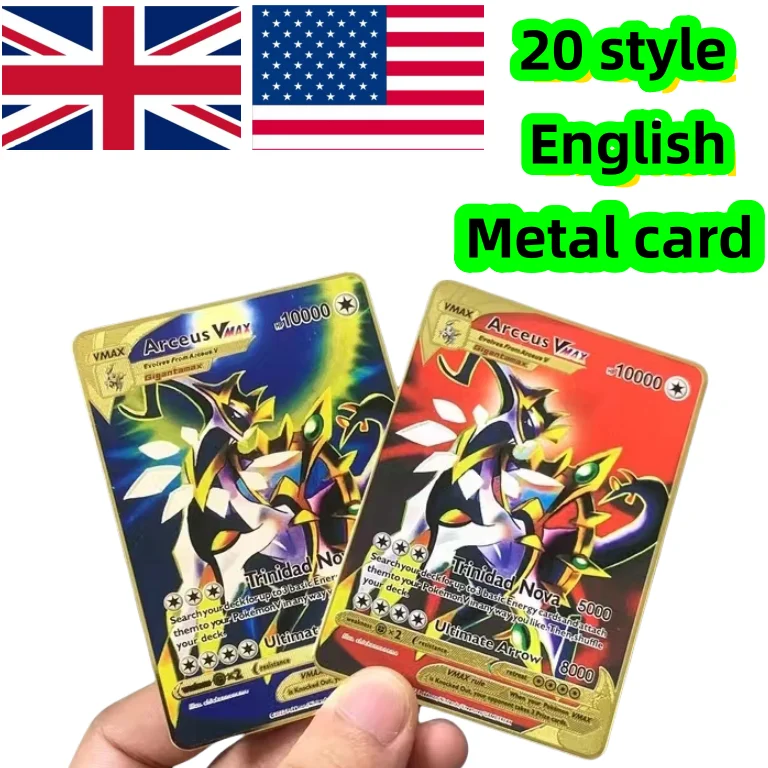 20 Style Pokemon Cards Gold Metal Pokemon Cards  English Hard Iron Cards Mewtwo Pikachu Gx Charizard Vmax Package Game Coll