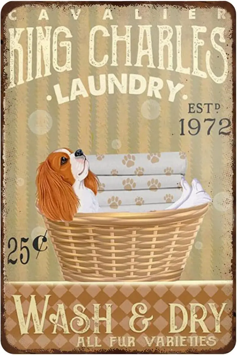 Rustic Retro Metal Tin Sign Cavalier King Charles Spaniel Dog Laundry Room Decor Vintage Decorative Wash De