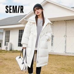 Semir Down Jacket Women Three-Proof Stand-Up Collar Loose Simple 2023 Winter New Drawstring Waist All-Match Thick Long Coat