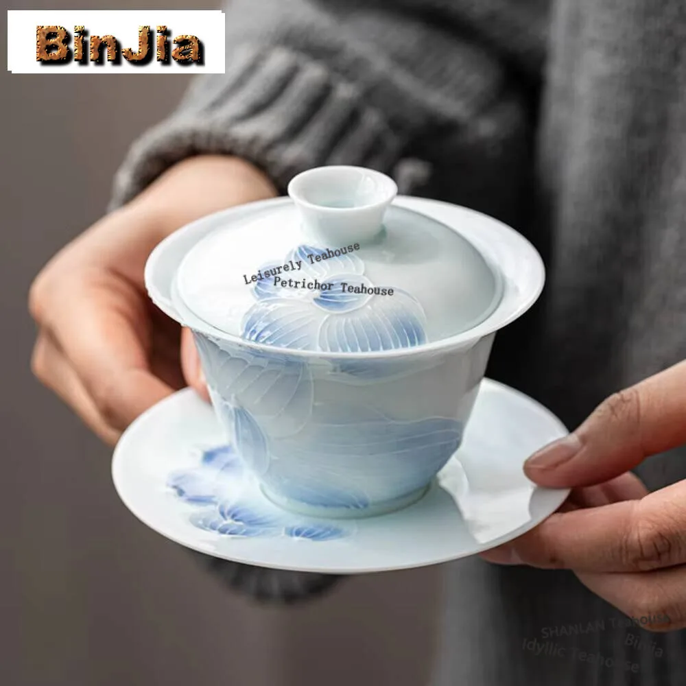 

150 мл сине-белая фарфоровая чаша с крышкой, ручная роспись, туманный чай, китайский чайный сервиз кунг-фу, керамическая тонкая шина Sancai Gaiwan