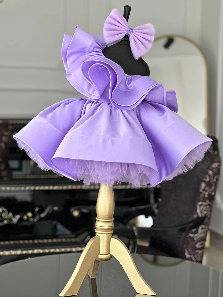 luxury Girls Princess Lotus leaf collar single shoulder Purple Children Bow tutu Wedding Kids Dresses baby birthday Party Dress