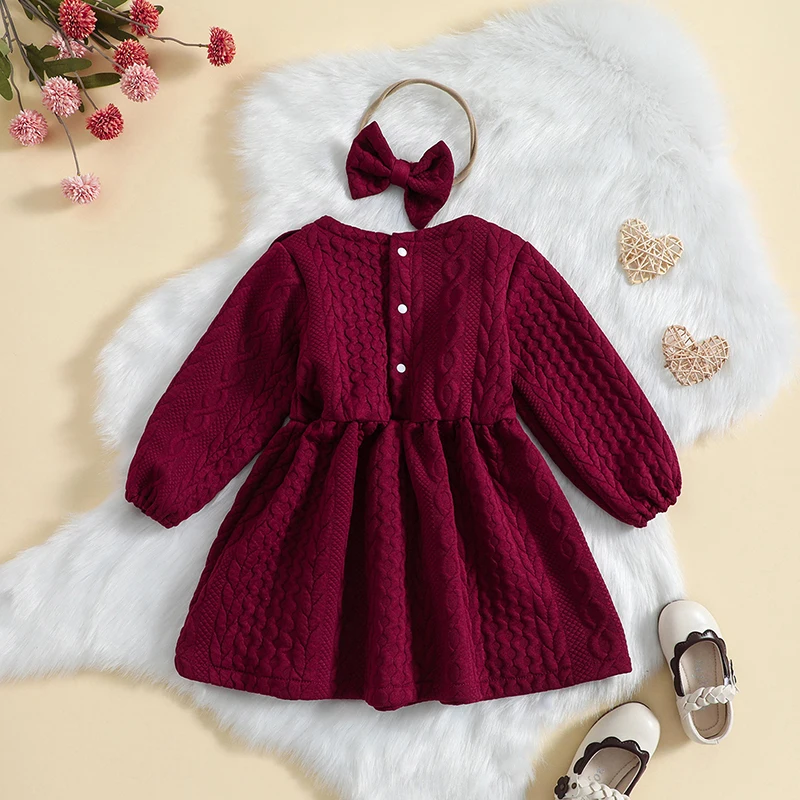 Baby Girl Knit Dress Long Sleeves Sweater Dress Toddler Fall Winter Outfits with Bowtie 6M-4Y Kids Girl Autumn Clothes