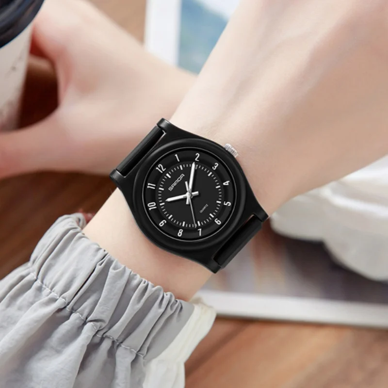 SANDA 6219 Quartz Student Watch Simple Fashion Black Purple Pink Analog Display Silicone Strap Wristwatch for Boy and Girl
