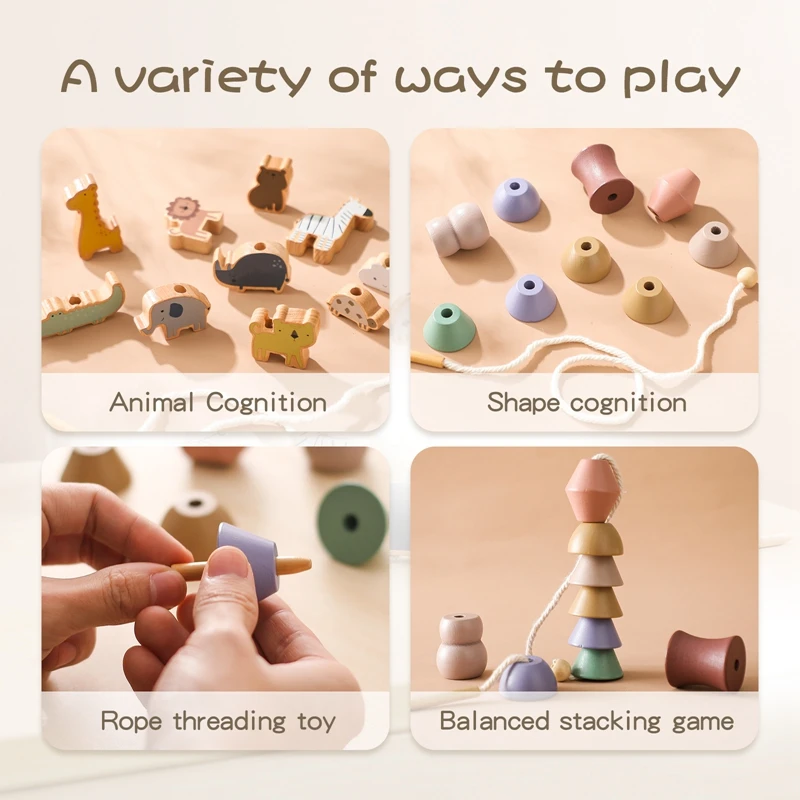 Baby Montessori Toy Wooden Animal Threading Stacking Toy Block Board Games Baby Animal Stringing Threading Block Puzzle Toy Gift