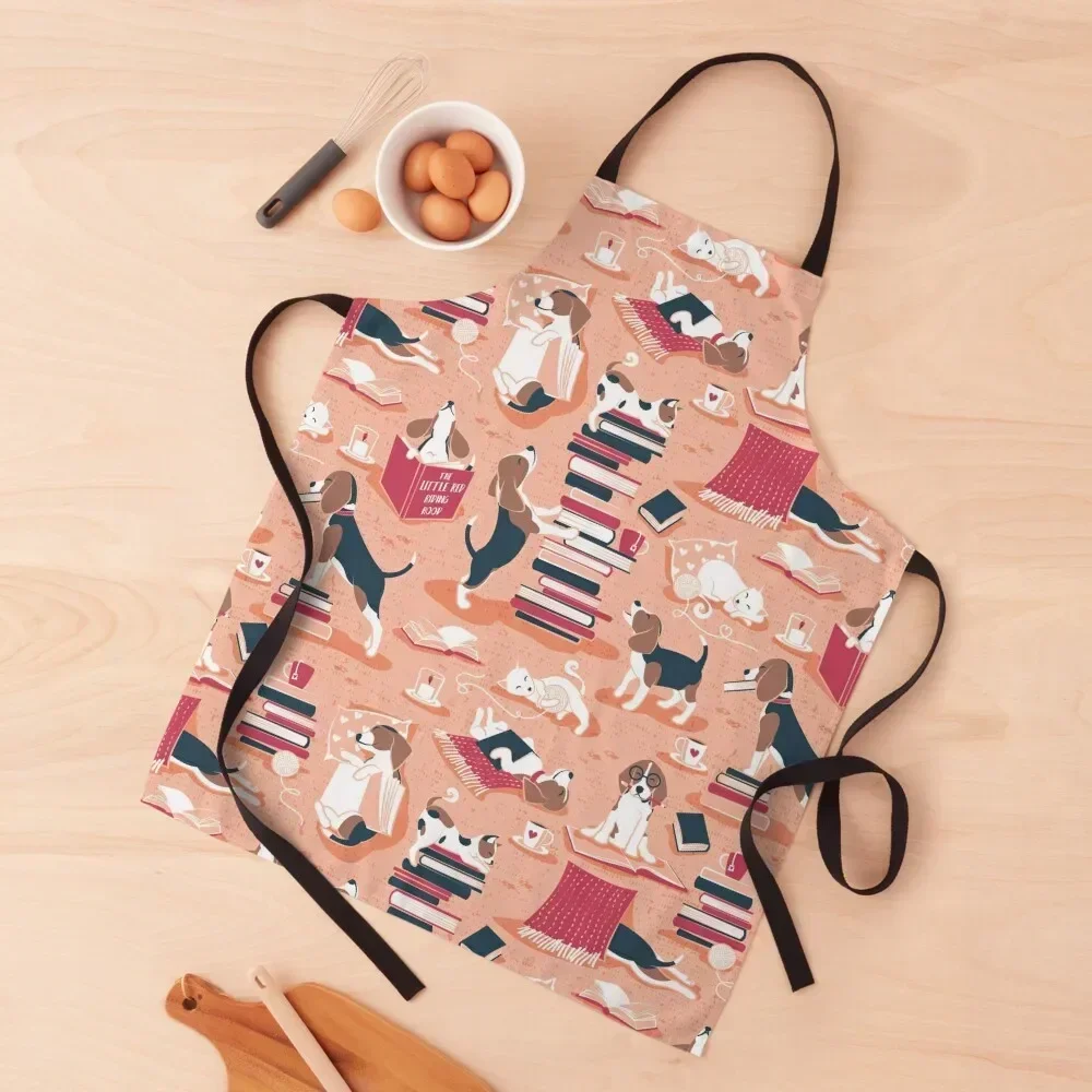 

Life is better with books a hot drink and a friend // flesh coral background brown white and blue beagles and cats red Apron