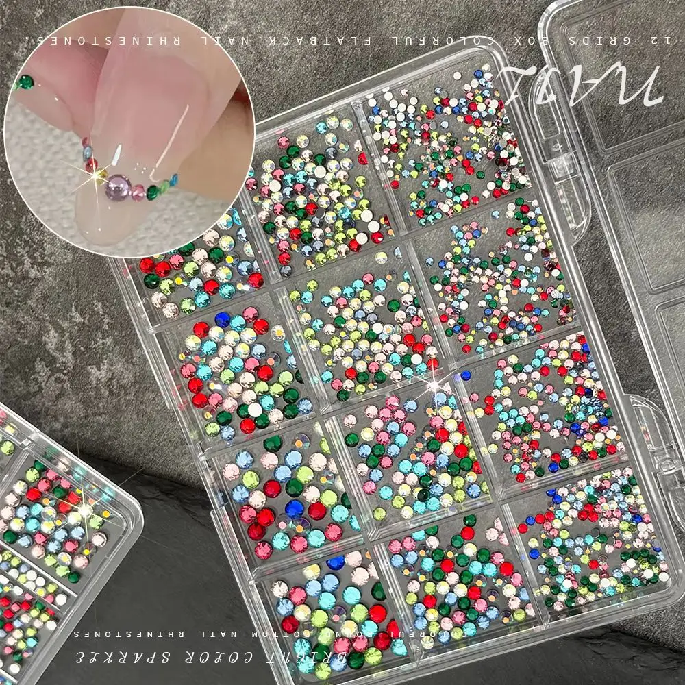 1Box 12-Grid Multi-size Sparkling AB Crystal Nail Art Rhinestones Mixed Color Flatback Nail Salon Supplies & Craft Embellishment