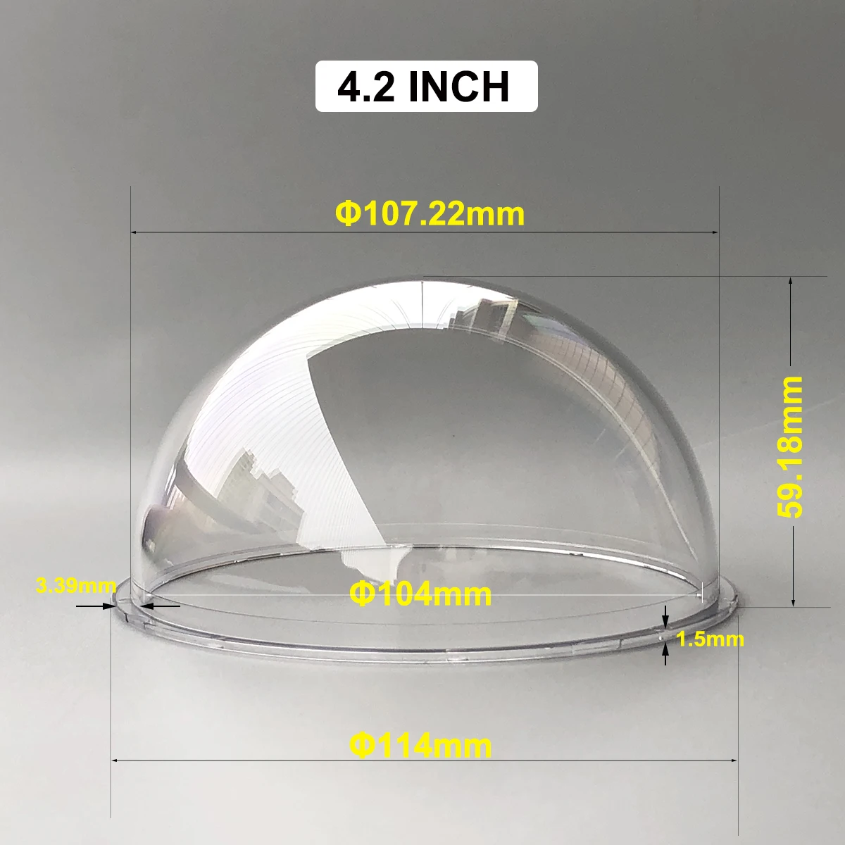 

4.2 Inch Polycarbonate PC Material Indoor/Outdoor CCTV Replacement Clear Camera Dome Housing Camera Dome Cover Size 114x59.18mm