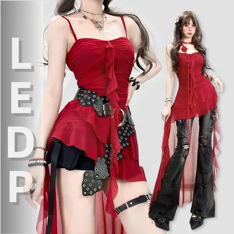 IMU Women Camisole with Trail Red Solid Mesh Stretch Irregular Ruffle Flowy Ruched Corset Top Summer Party Festival Outfit