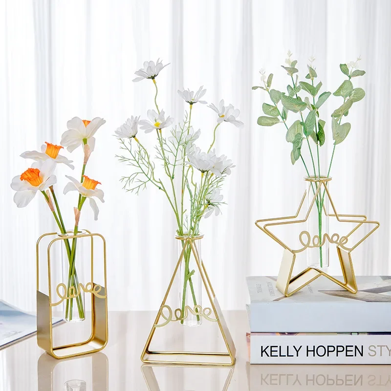 Creative Decorative Metal Flower Vase Glass Flowers Arrangement Device Living Room Desktop Home Vases Decoration Ваза Intérieur
