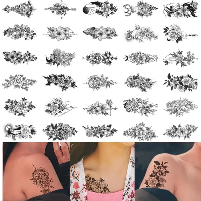 30pcs/lot Black Tattoos Adhesive for Women Ladies Decor Neck Flower with Koi Fish Dark Girls Succubus Transfer Tattoos Sticker