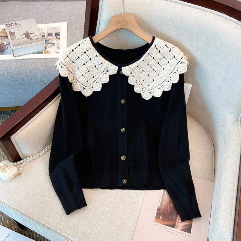 Women Red Knitted Woolen Lace Doll Collar Pullovers Autumn Winter Thick Warm Sweaters 2024 Black Korean Elegant Loose Sweaters