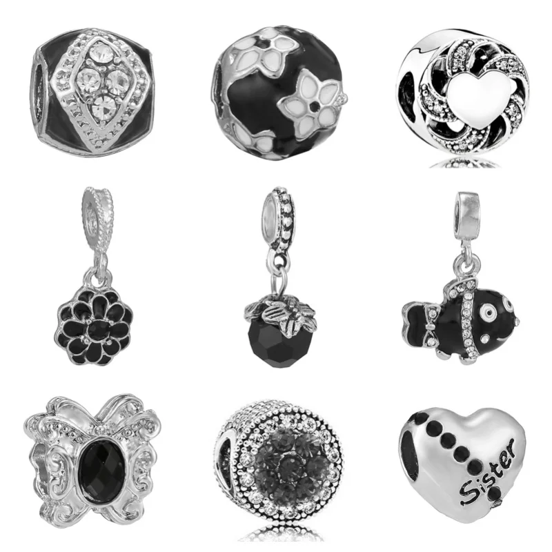 2024 New Black Series Ball Flower Charm Beads Fashion Pendant Alloy Bead String Accessories For Pandora DIY Jewelry Making Gift