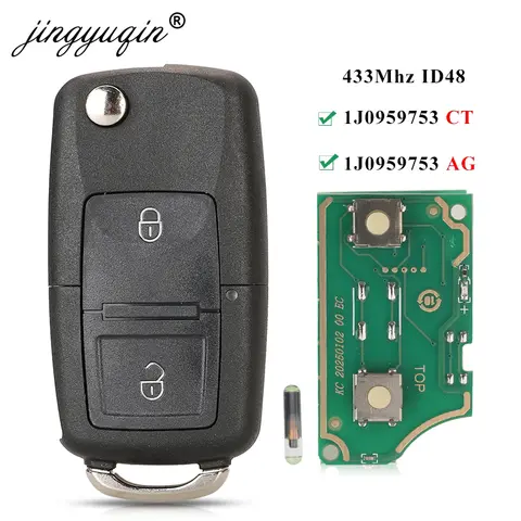 jingyuqin 2BTN Flip Remote Car Key Fob For VW Bora Golf Polo Passat Touran Seat Skoda 434MHz ID48 Chip 1J0959753AG/ 1J0959753CT