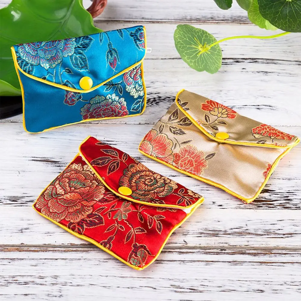 

Silk Embroidery Bracelace Container Brocade Zipper Floral Snap Buckle Coin Purse Handbags Jewelery Bag Wallet Jewelery Storage