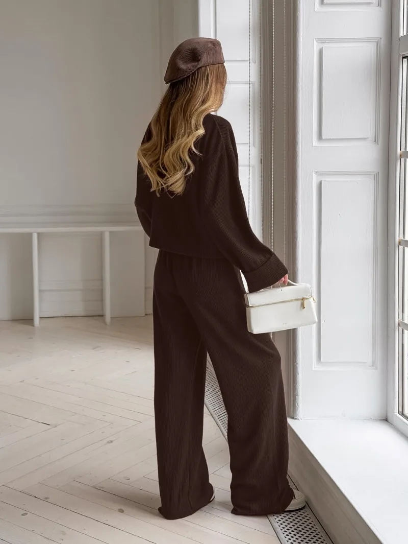 Womens Solid Color Stand Collar Zip Up Long Sleeve Cardigan Draped Wide Leg Pants Two Piece Set Casual Fall Winter 2026 New Chic