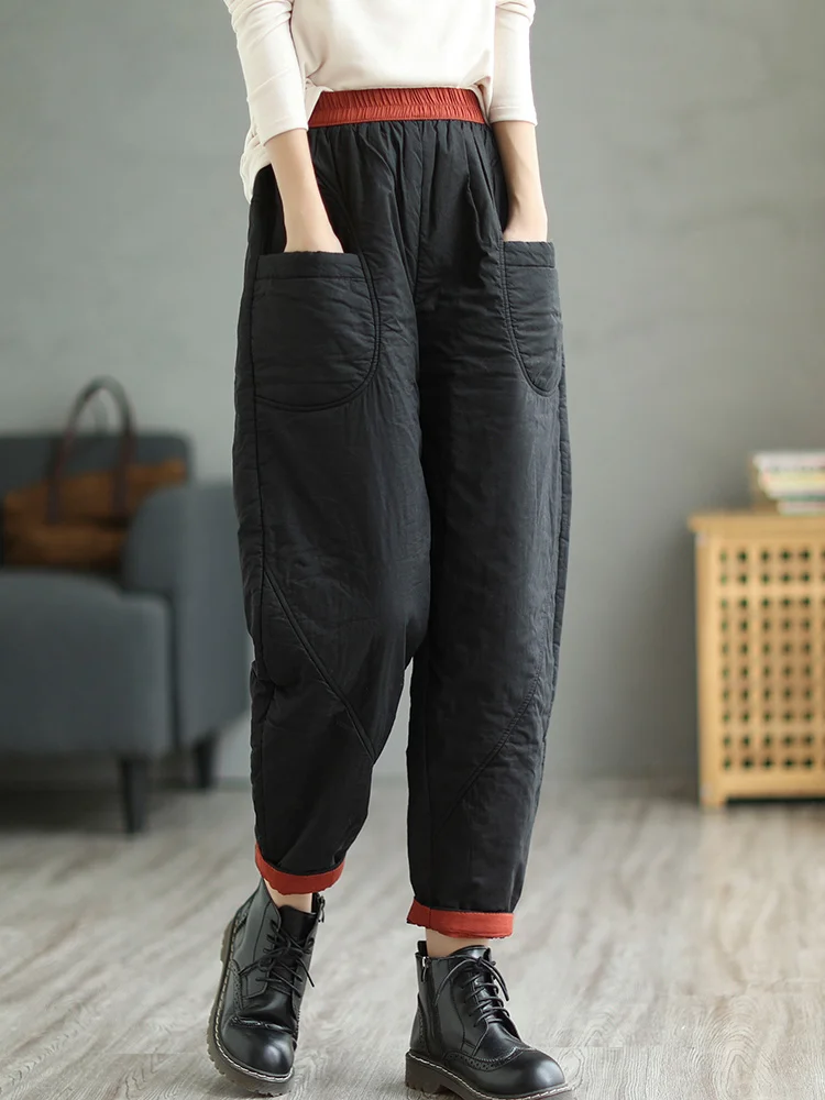 ارتفاع الخصر Thiened القطن هارلان السراويل النسائية ملابس خارجية عارضة السراويل الطويلة الدافئة الرجعية اللون كولون ربيع الخريف الشتاء